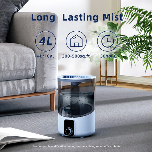 H1A Humidifier, 4l/1Gal Water Tank Top Fill Ultrasonic Cool Mist Humidifiers, Adjustable Spray Output Large Room Air Humidifier, Knob,  Whisper Quiet, 360° Spray Nozzle, Auto-Off, For Home, Bedroom, Baby Room, Office, Plants.